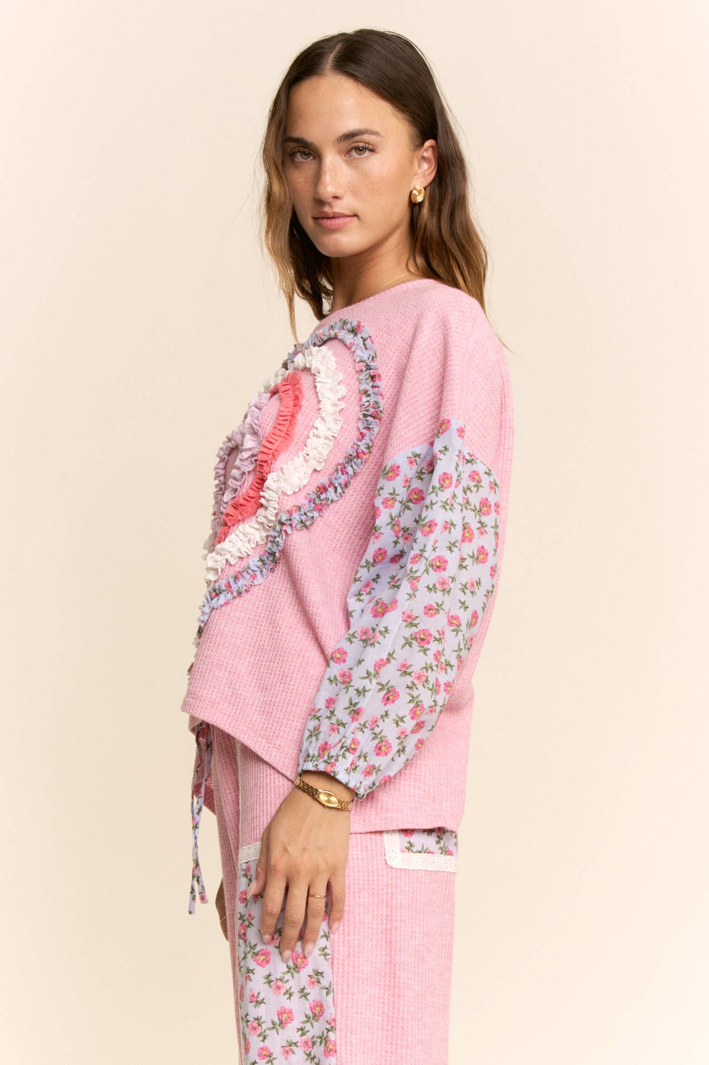 RUFFLE LAYERED HEART PATCH WORK TOP