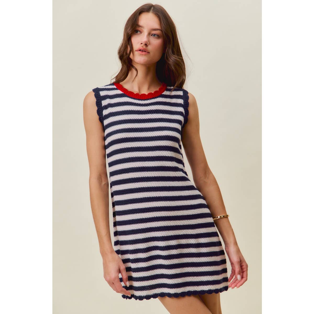 SCALLOP EDGE STRIPE SWEATER KNIT MINI DRESS