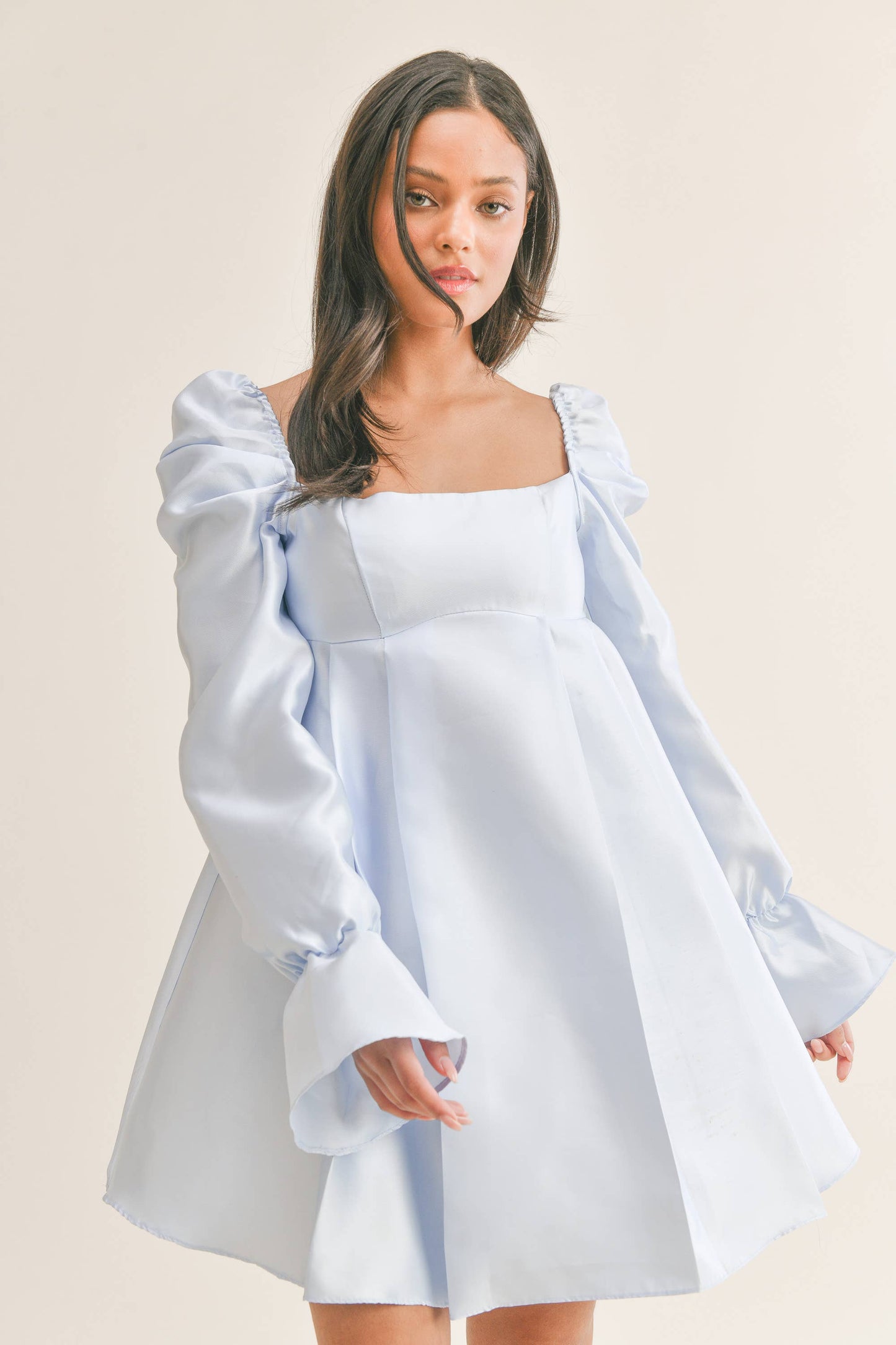 BABYDOLL DRESS WITH LONG BELL PUFF SLEEVES AND BOW