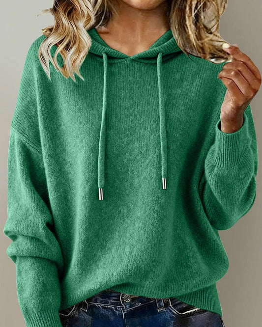 Cozy Solid Drawstring Hooded Knit Sweater