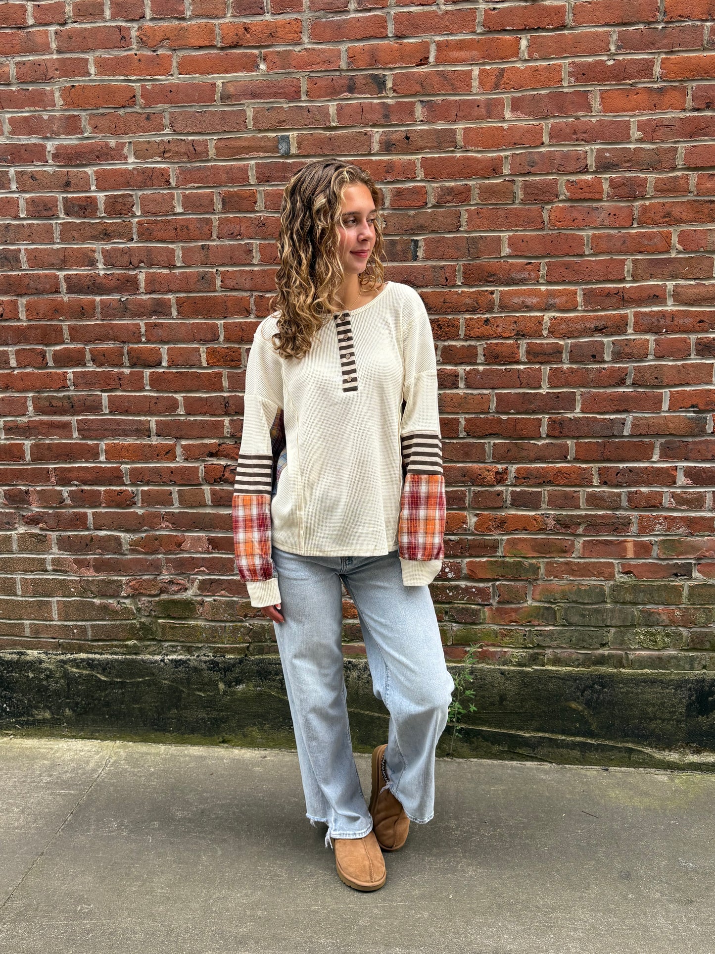 Waffle Stripe Plaid Patchwork Henley Knit Top
