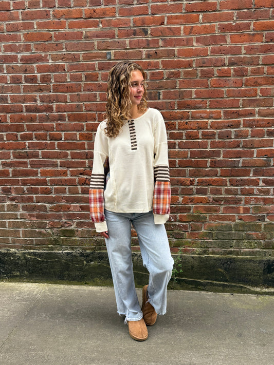 Waffle Stripe Plaid Patchwork Henley Knit Top