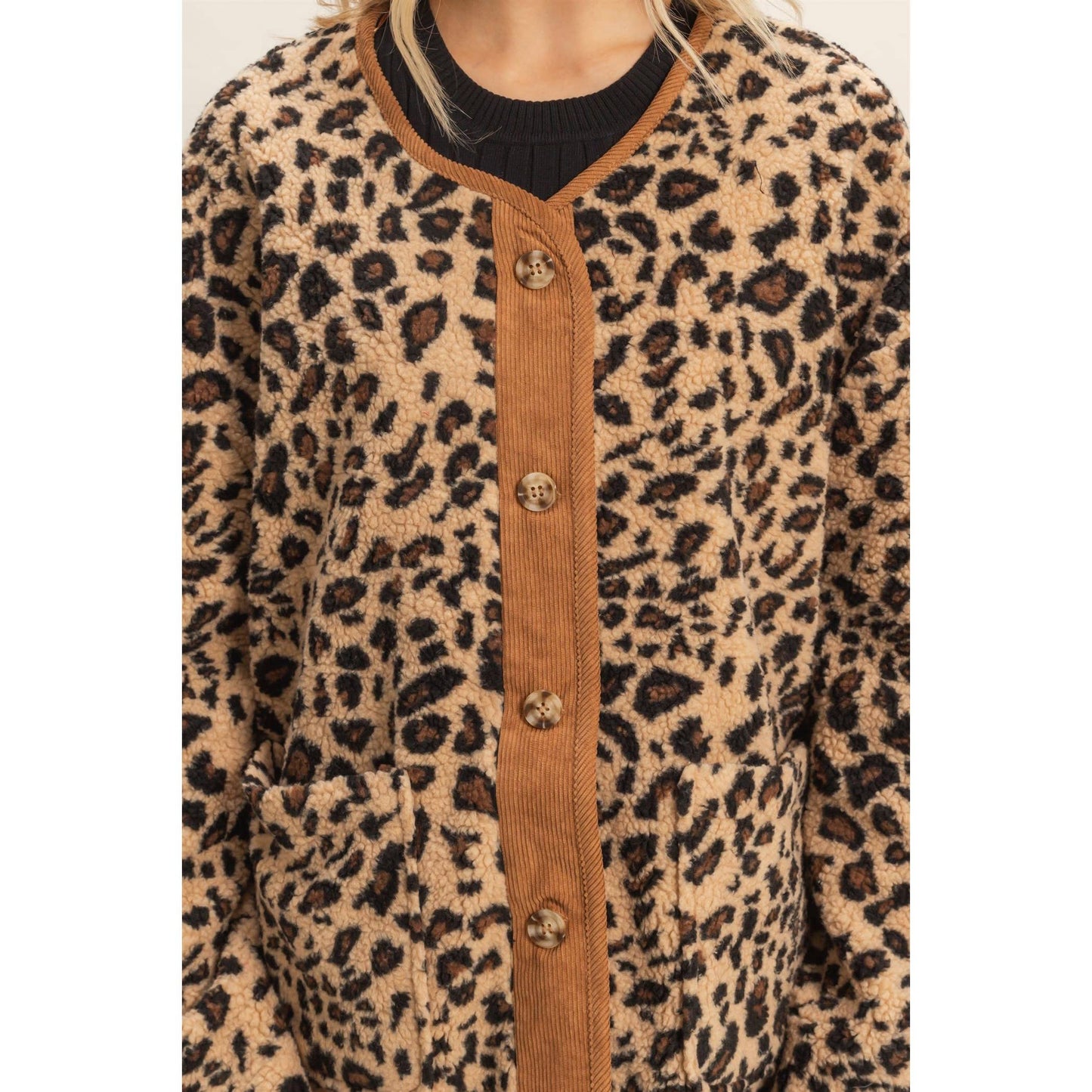 Button Front Leopard Sherpa Jacket