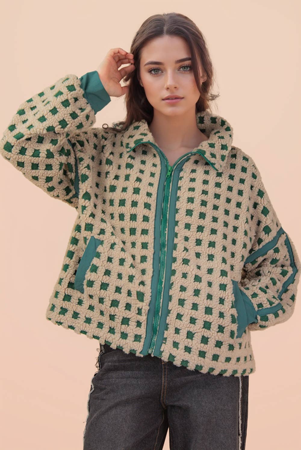 Oversized Checker Fleece Jacket