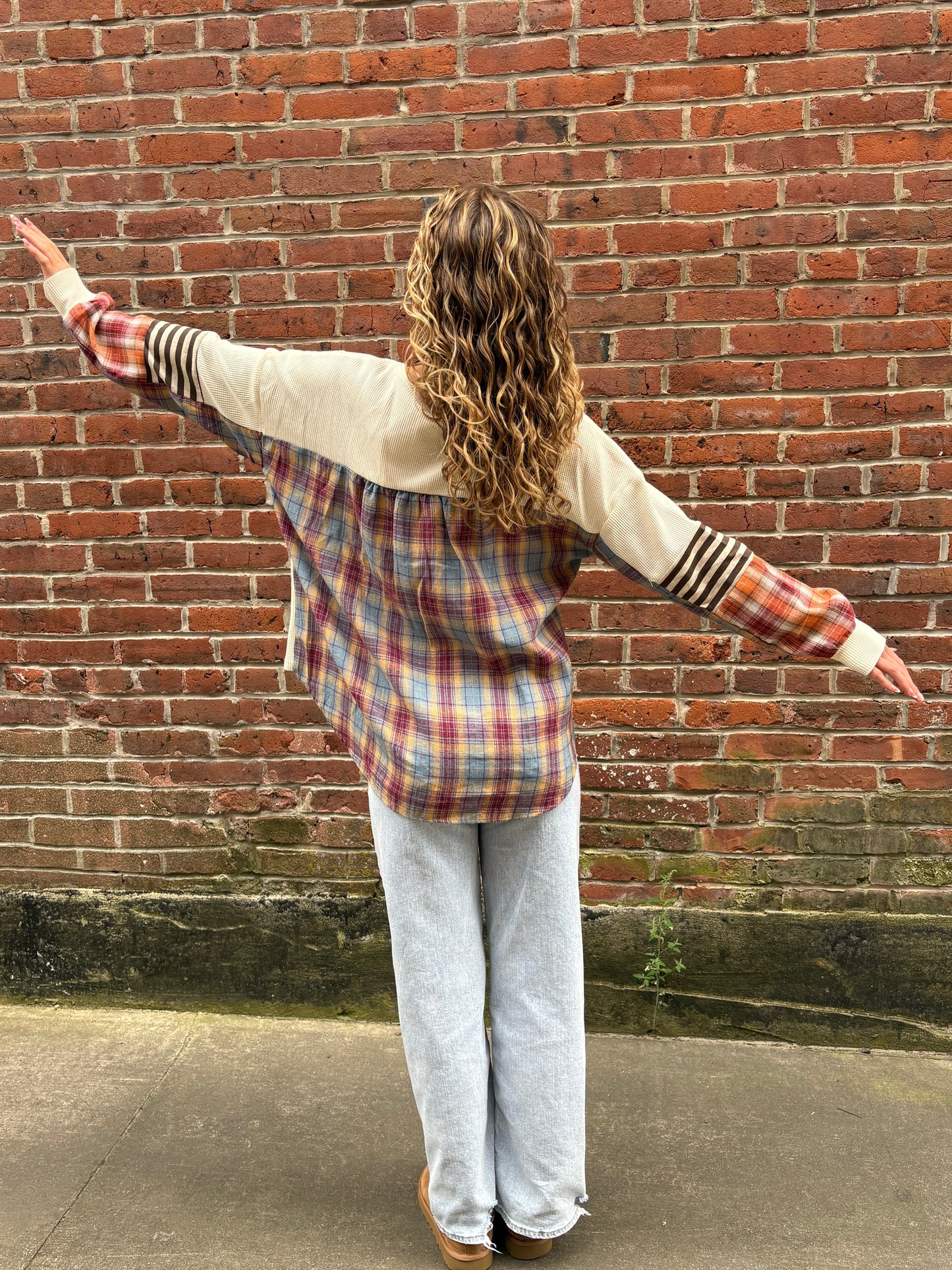 Waffle Stripe Plaid Patchwork Henley Knit Top