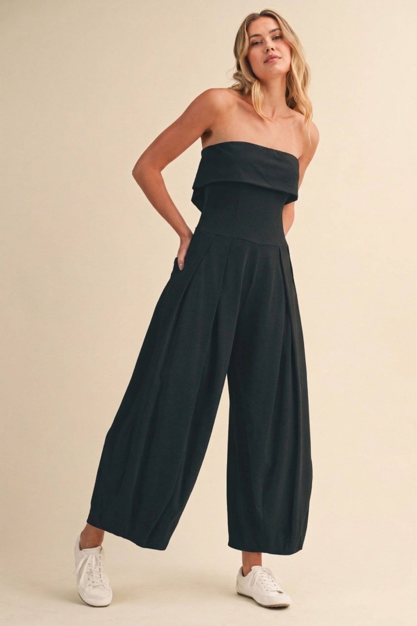 FOLDOVER STRAPLESS SMOCKED BACK PLEATED BARREL JUMPSUIT