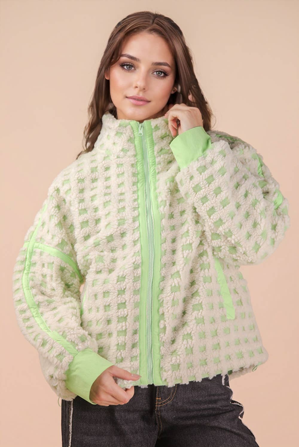 Oversized Checker Fleece Jacket
