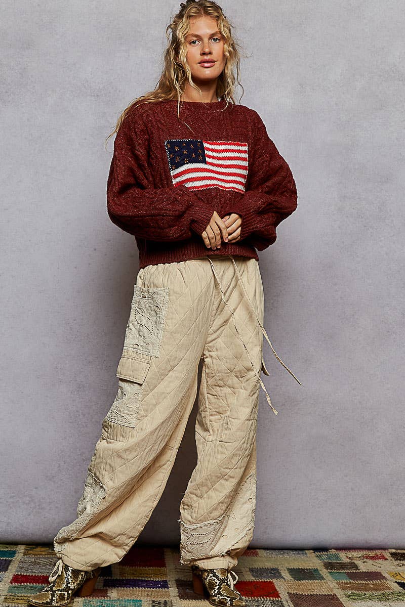 Long sleeve USA flag contrast stitch detail sweater knit top