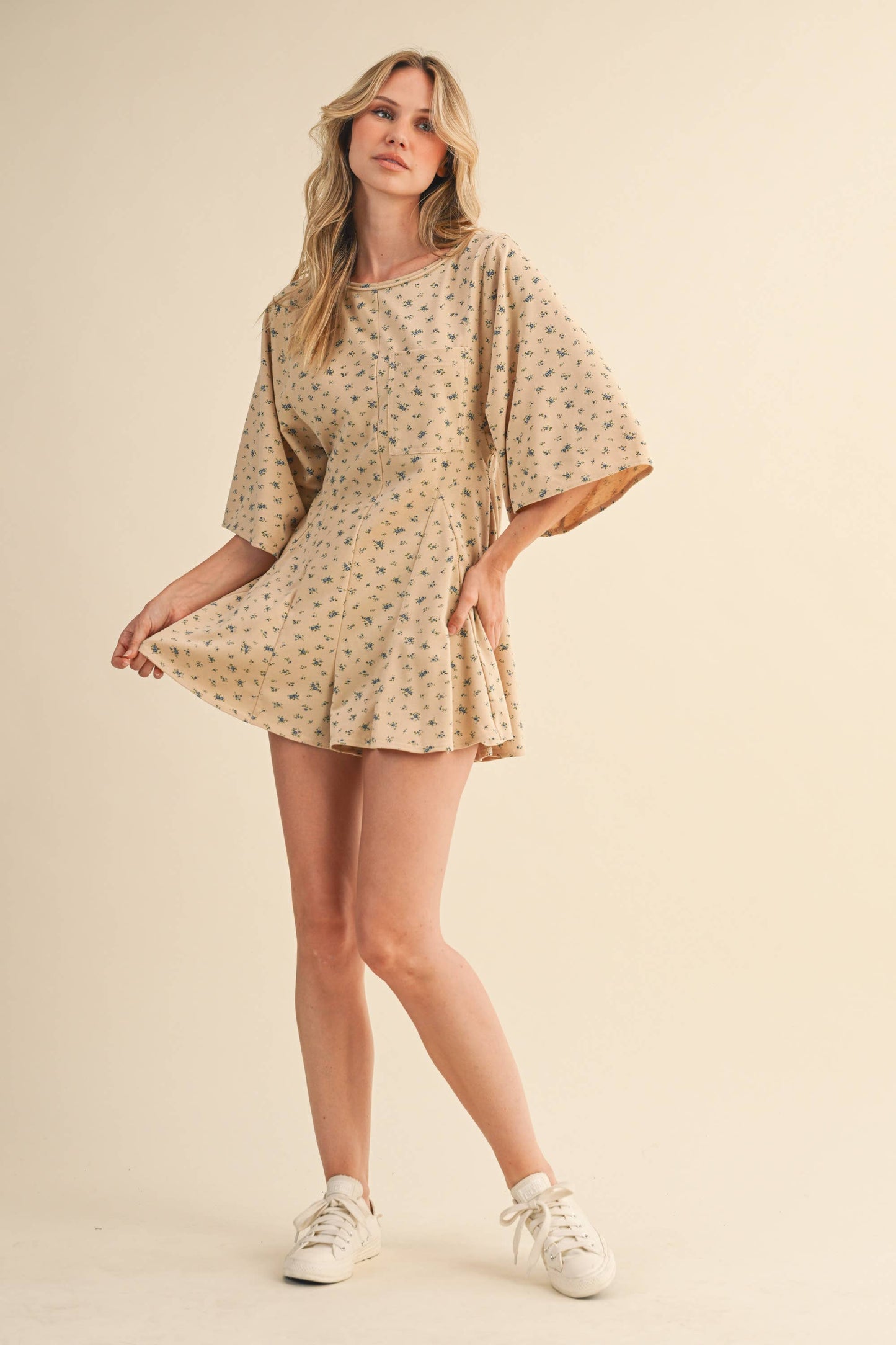 FLORAL FRONT POCKET GODET FLOWY ROMPER