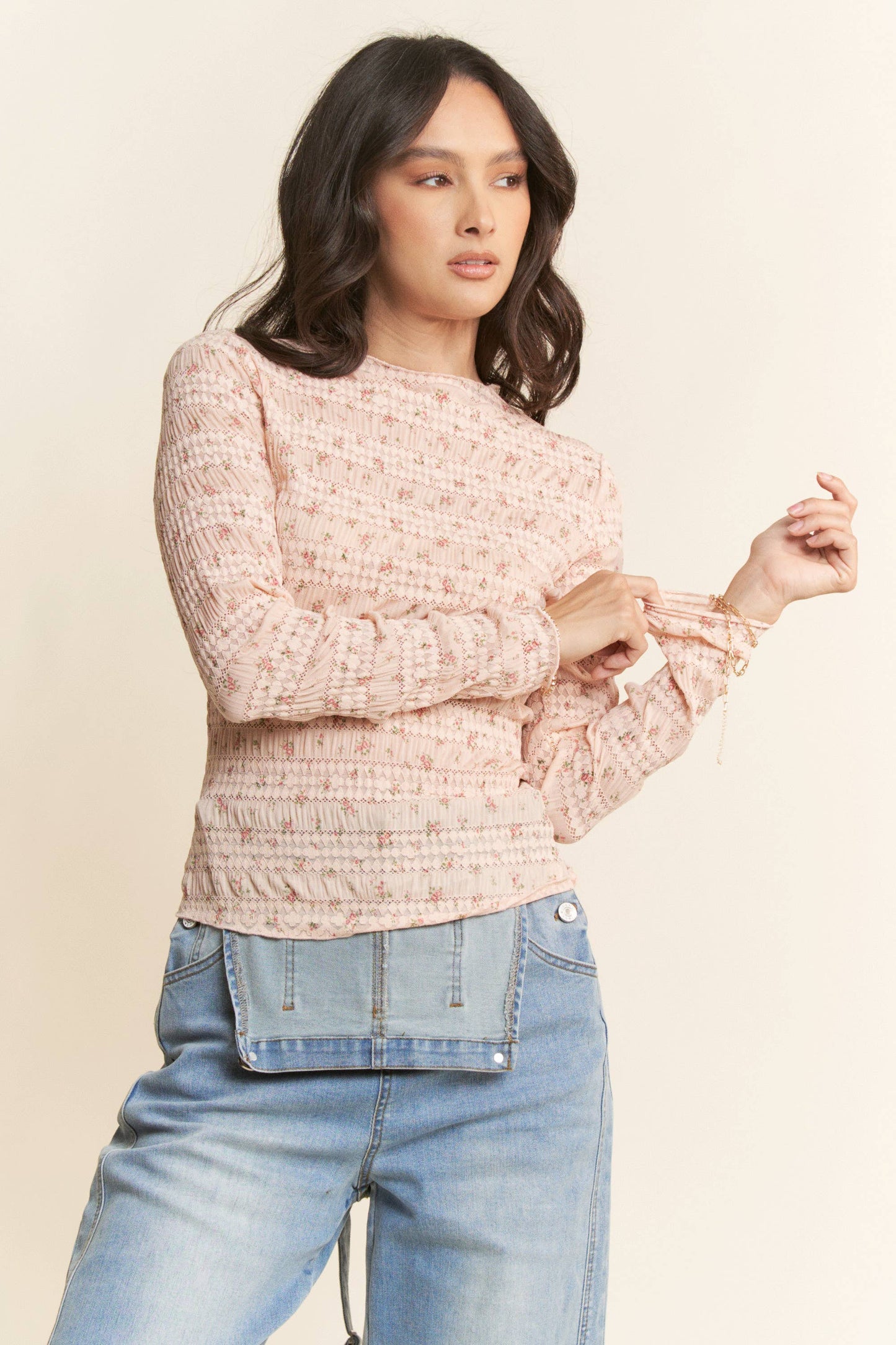 FLORAL PRINT MOCK NECK LONG SLEEVES KNIT TOP