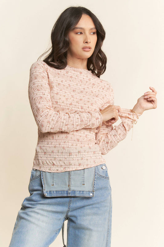 FLORAL PRINT MOCK NECK LONG SLEEVES KNIT TOP