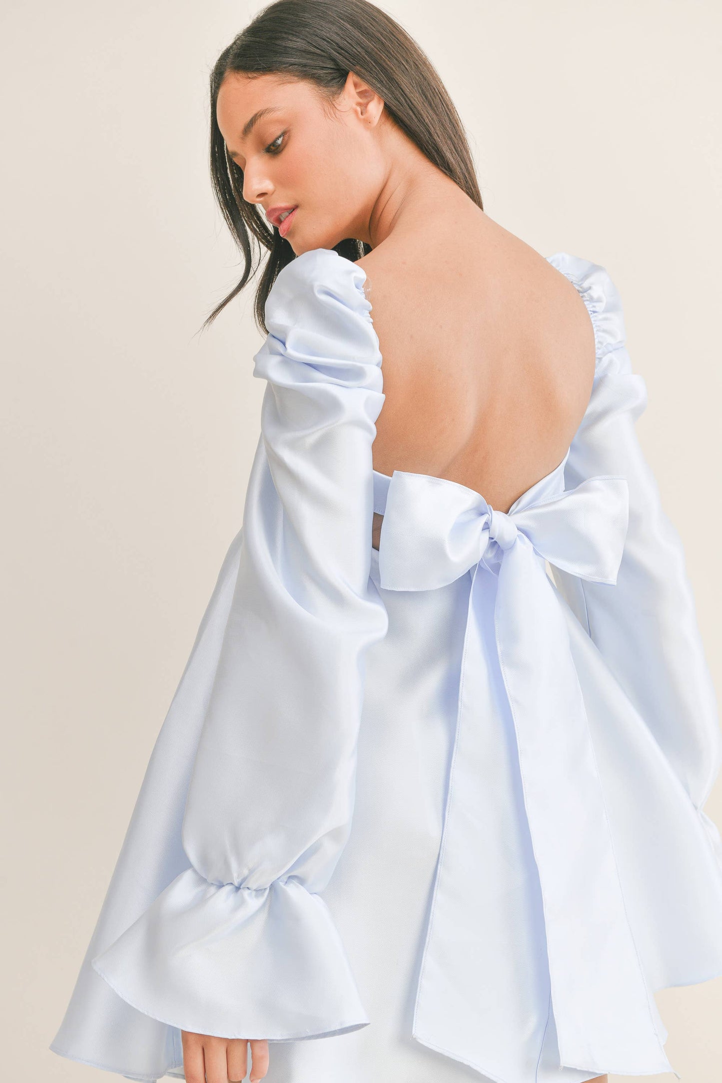 BABYDOLL DRESS WITH LONG BELL PUFF SLEEVES AND BOW