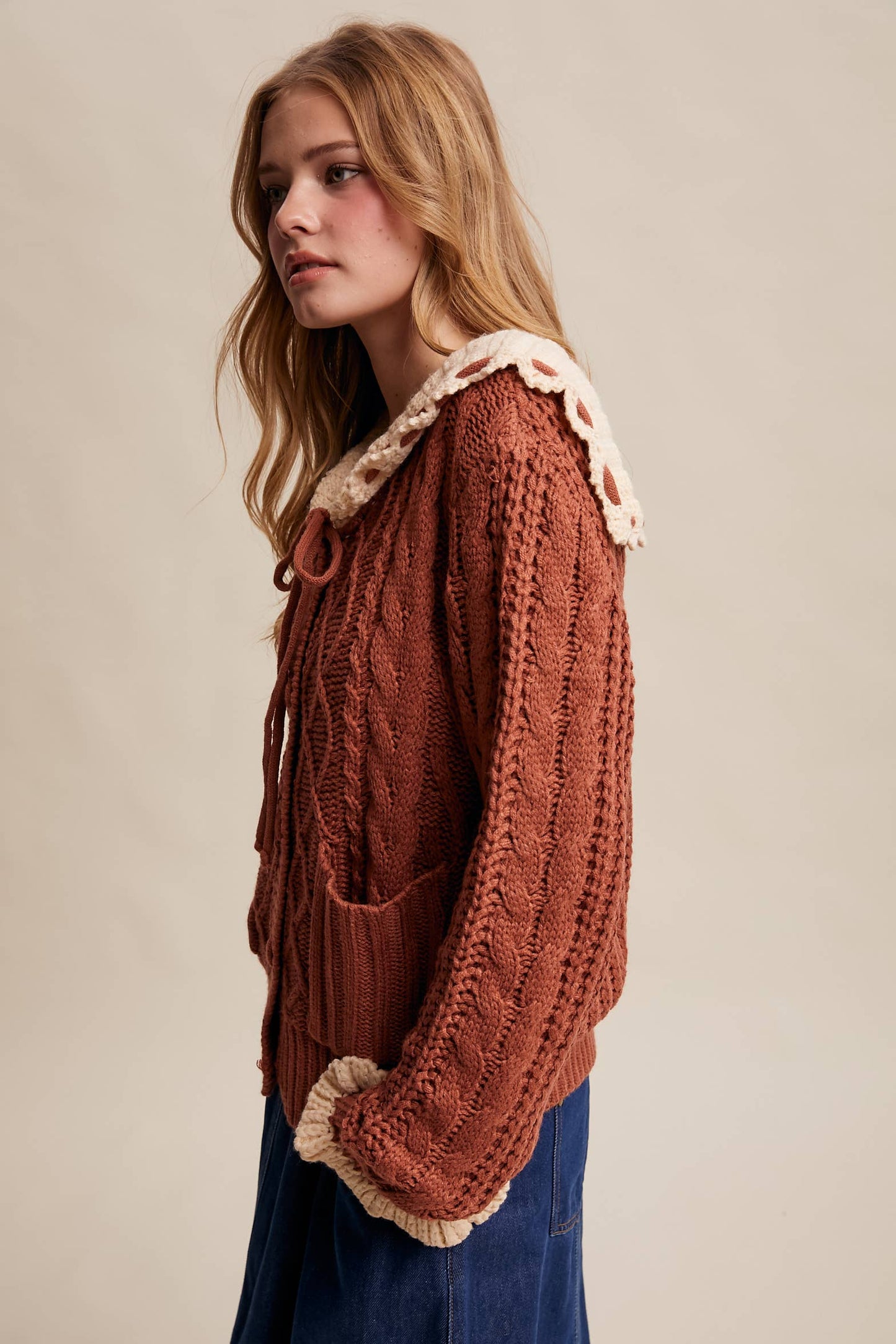 Two-Tone Crochet Collar Cable Knit Cardigan