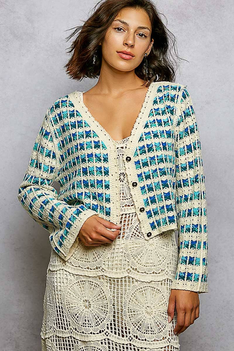Scalloped Crochet V-Neck Long Sleeve Cardigan Top