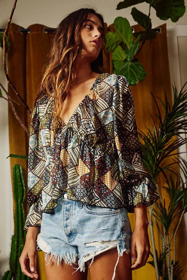 T1831B | [OUTLET SALE] Patchwork Print Sheer Flowy Top