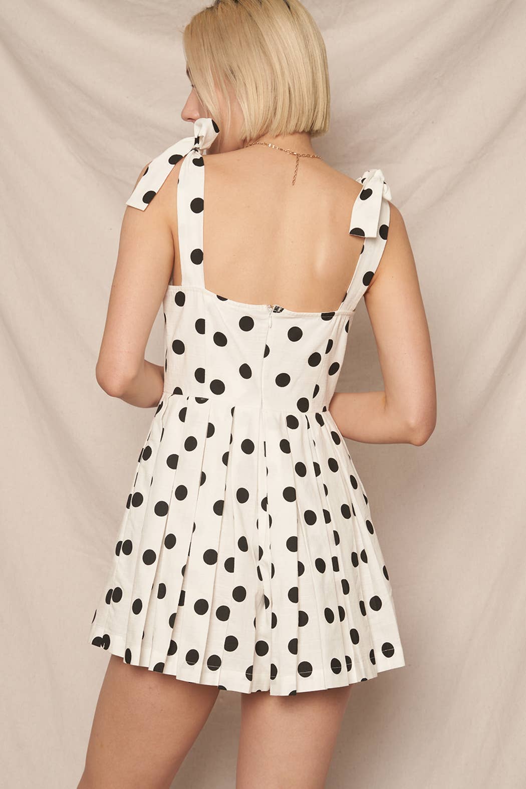 Polka Dot Tie Shoulder Pleated Romper