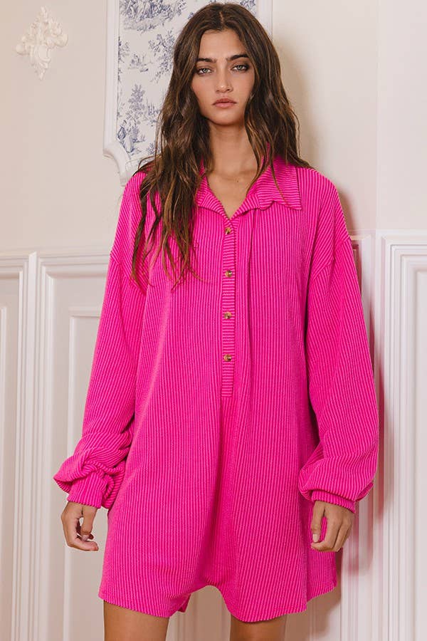 R5364 | [OUTLET SALE] Oversize Button Up Collard Knit Romper