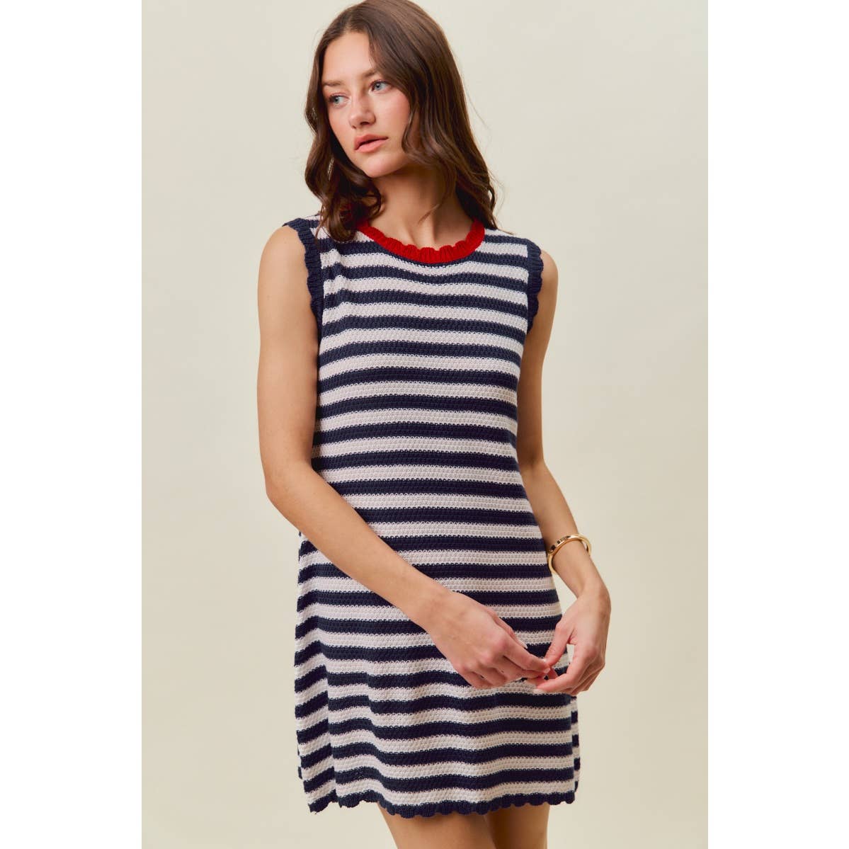 SCALLOP EDGE STRIPE SWEATER KNIT MINI DRESS