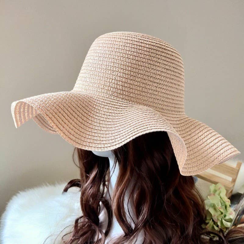 Summer Bow Ribbon Wide Brim Wave Straw Hat