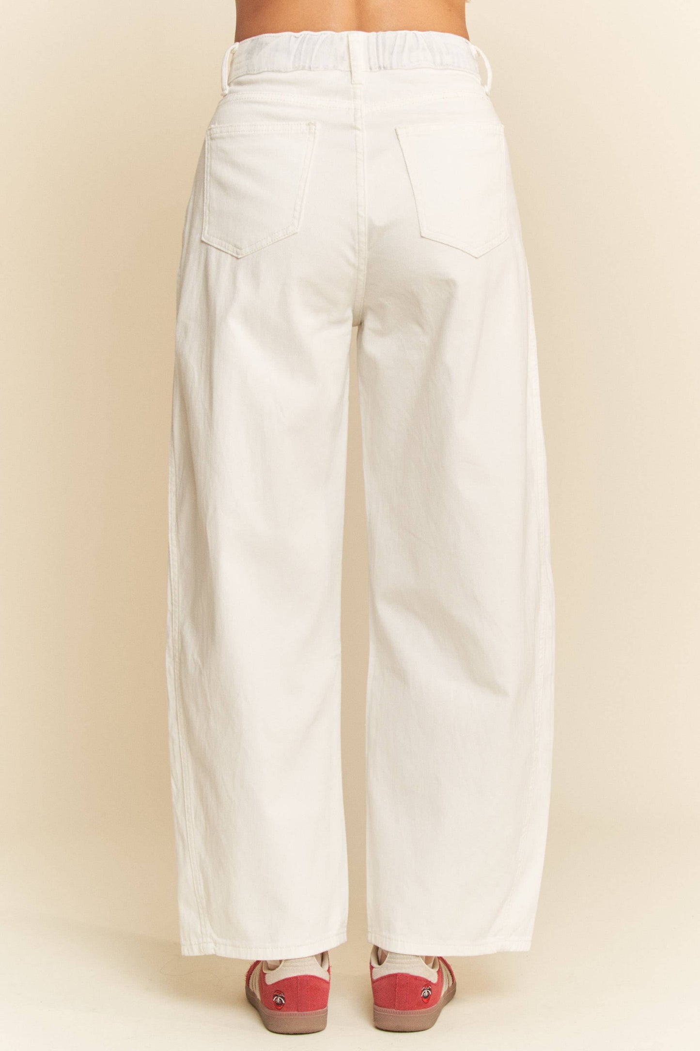 FRONT SEAM RAW HEM WIDE BARREL DENIM PANTS