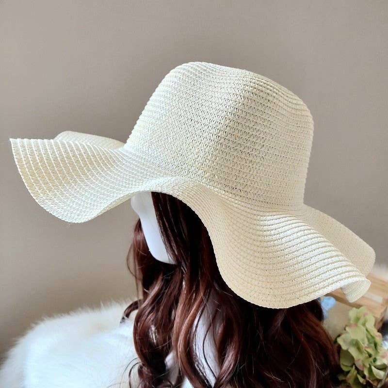 Summer Bow Ribbon Wide Brim Wave Straw Hat