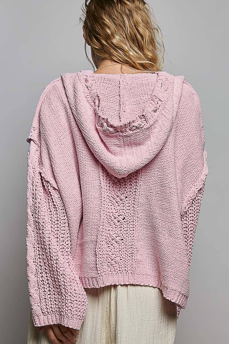 Oversized hooded cable knit chenille sweater