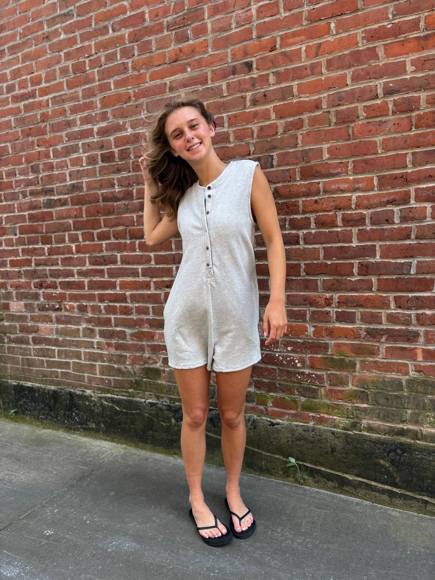 Sleeveless Button Solid Terry Romper
