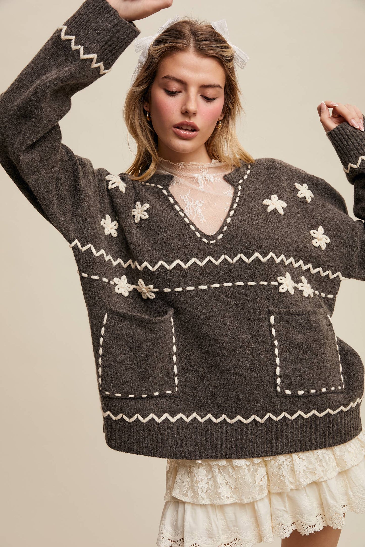 Floral Embroidered Knit Sweater LSW0978