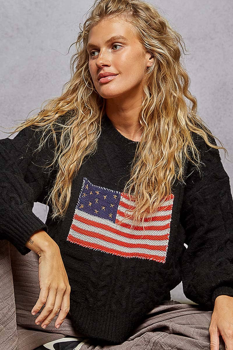 Long sleeve USA flag contrast stitch detail sweater knit top