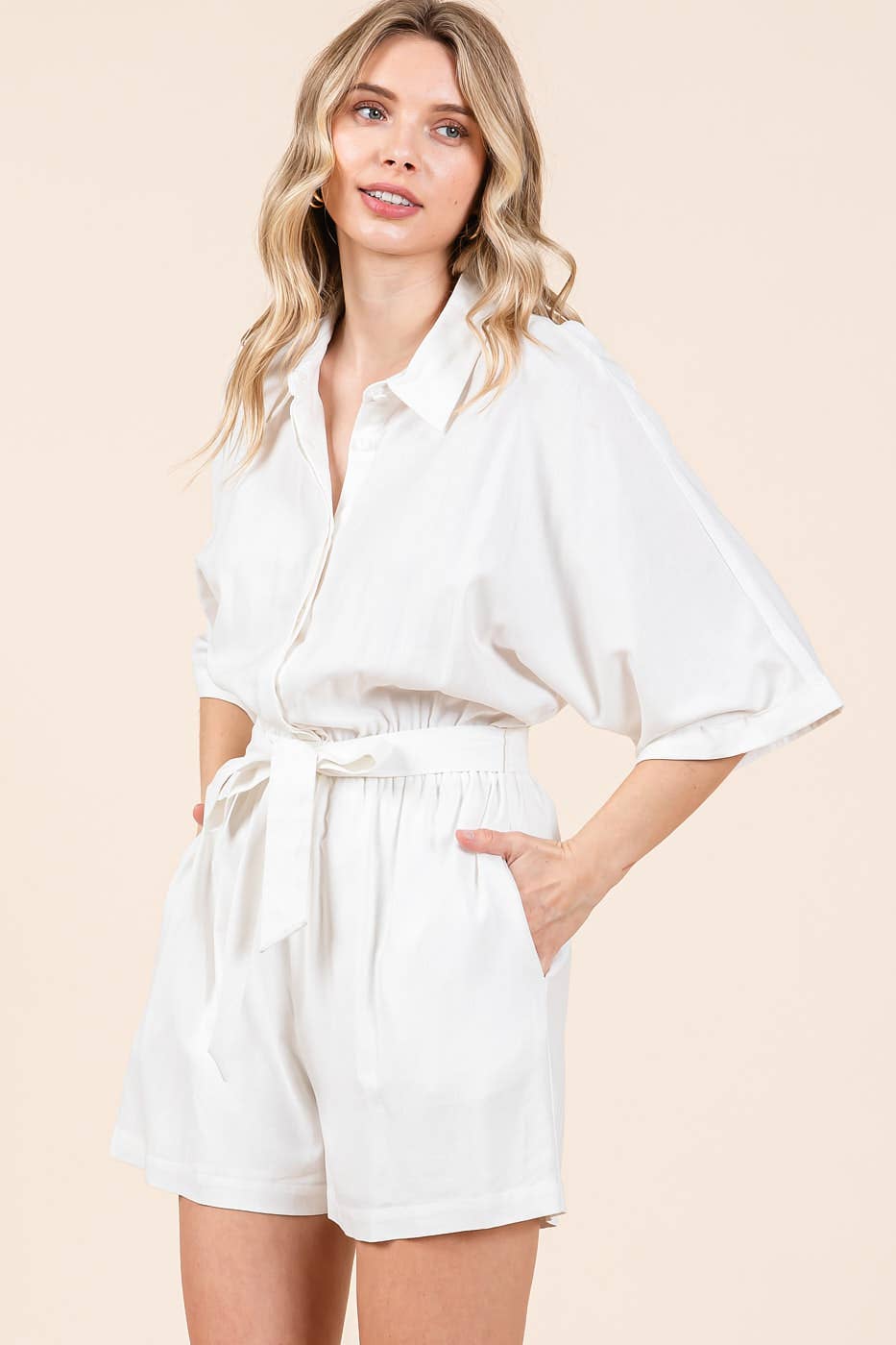 LINEN TIE BELT BUTTON DOWN COLLARED ROMPER