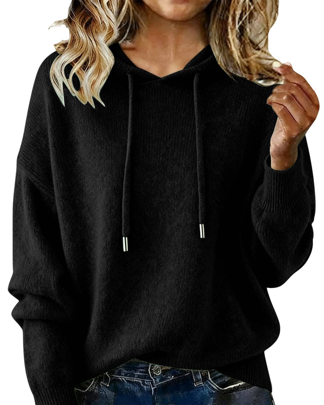 Cozy Solid Drawstring Hooded Knit Sweater