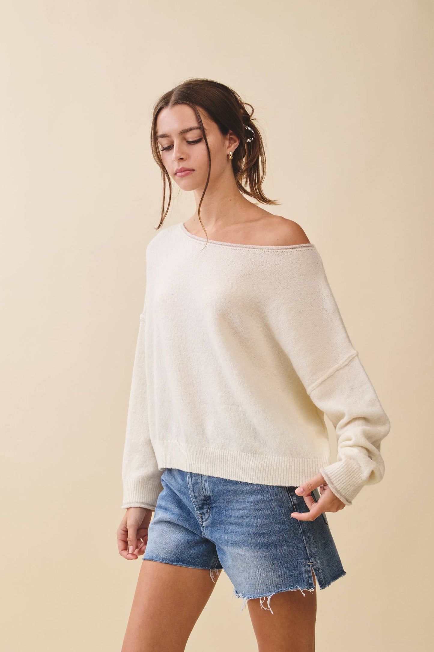 Relaxed Drop Shoulder Fuzzy Knit Pullover Sweater