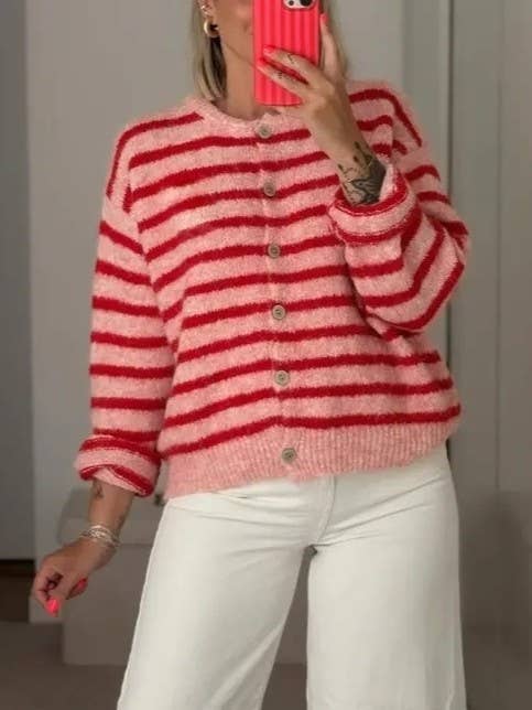 Valentine's Day pink & red striped crew neck cardigan