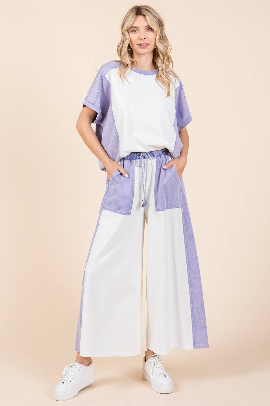 FRENCH TERRY WIDE LEG COLOR BLOCK PANTS