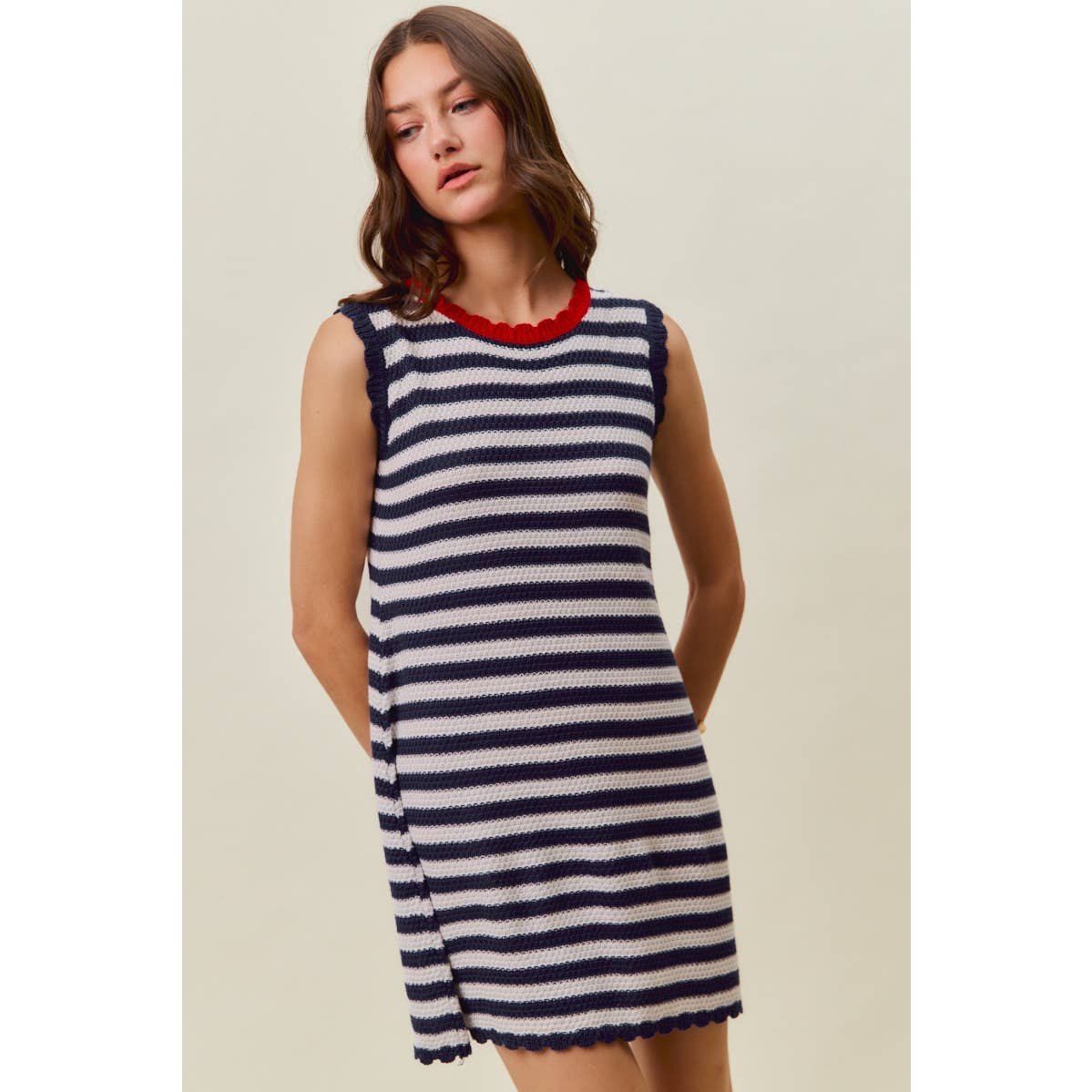 SCALLOP EDGE STRIPE SWEATER KNIT MINI DRESS