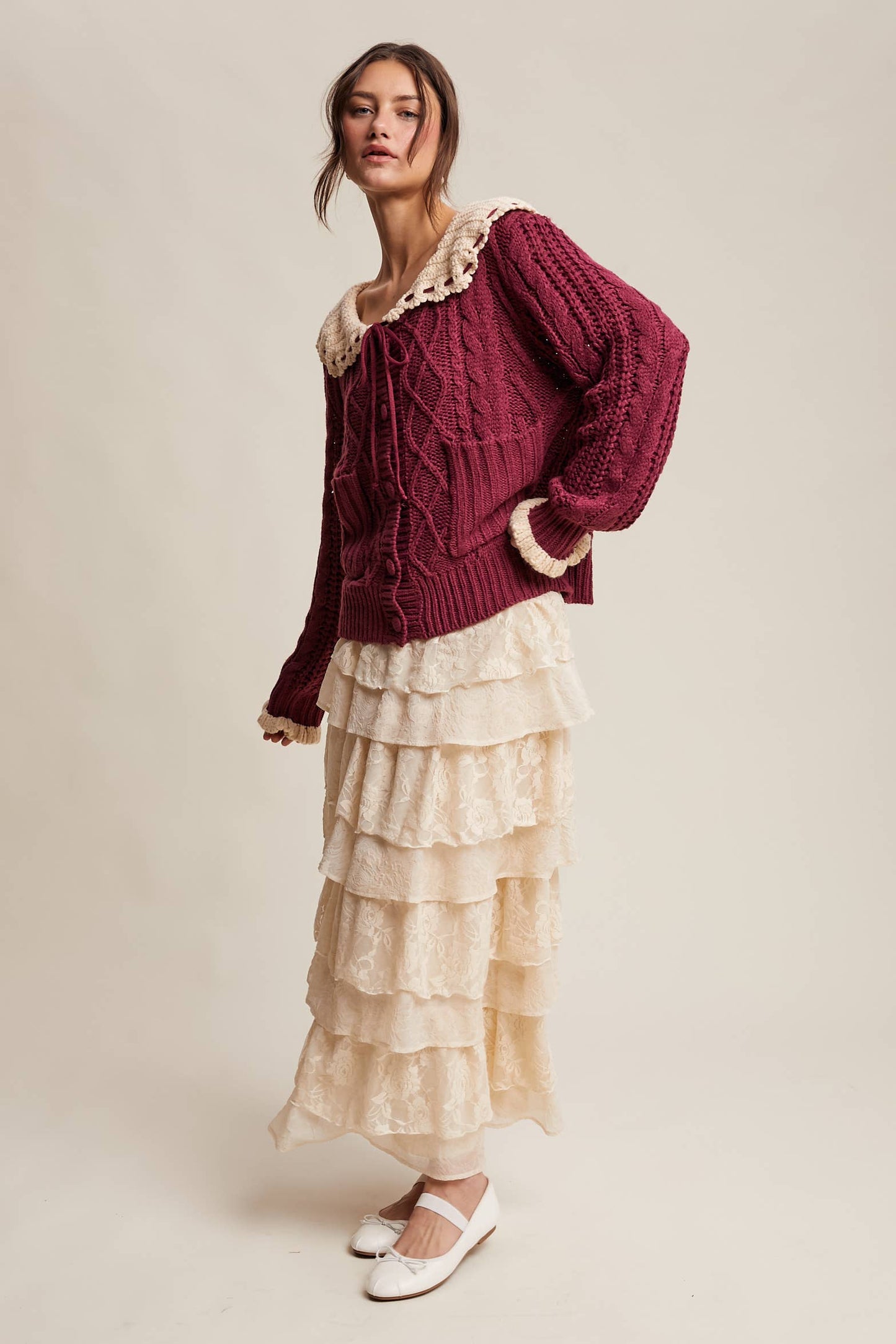Two-Tone Crochet Collar Cable Knit Cardigan