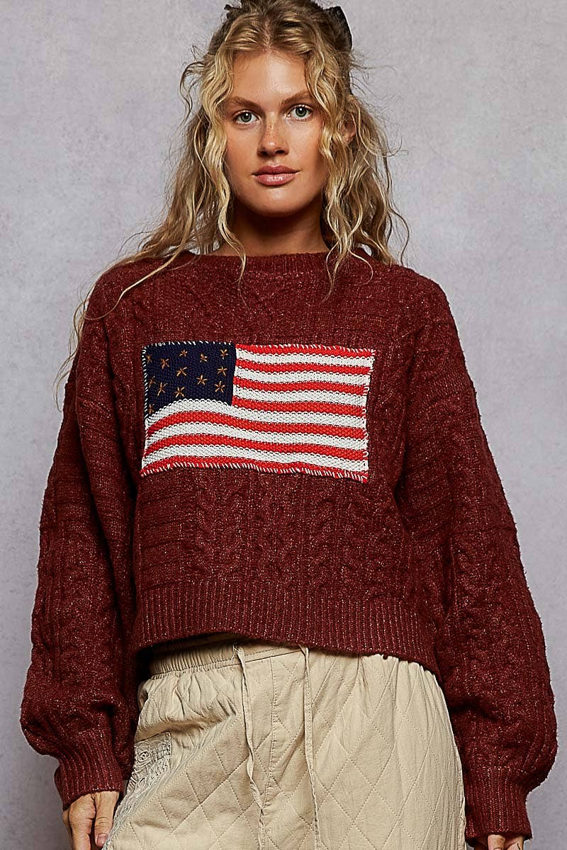 Long sleeve USA flag contrast stitch detail sweater knit top