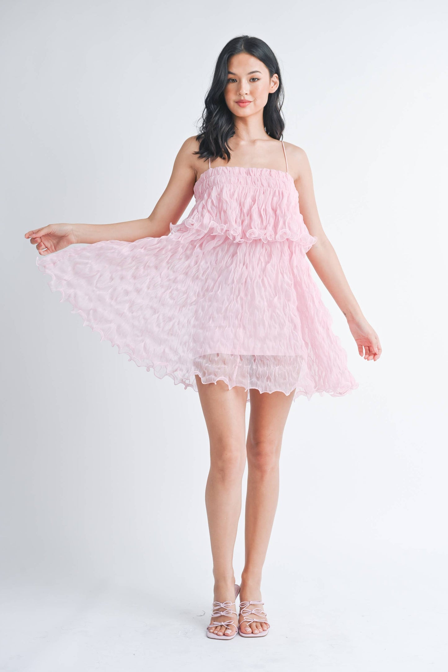 PLEATED TULLE RUFFLED TIERED MINI DRESS