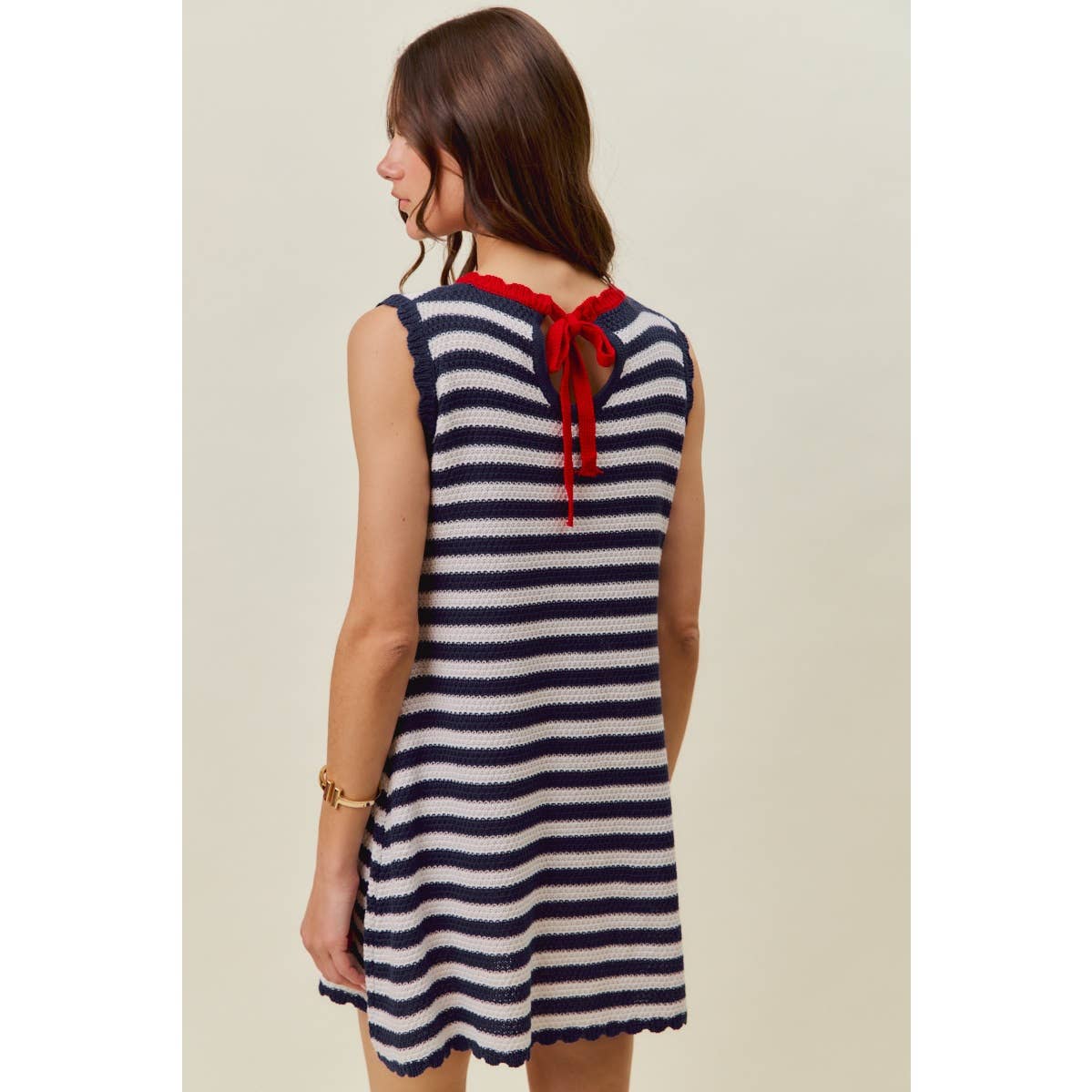 SCALLOP EDGE STRIPE SWEATER KNIT MINI DRESS