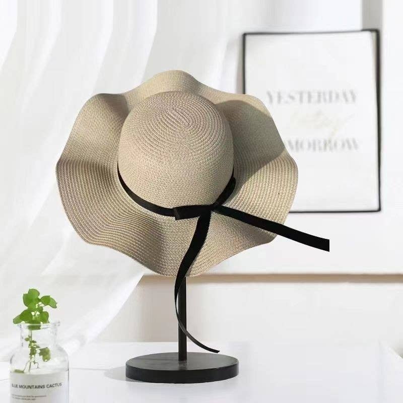 Summer Bow Ribbon Wide Brim Wave Straw Hat