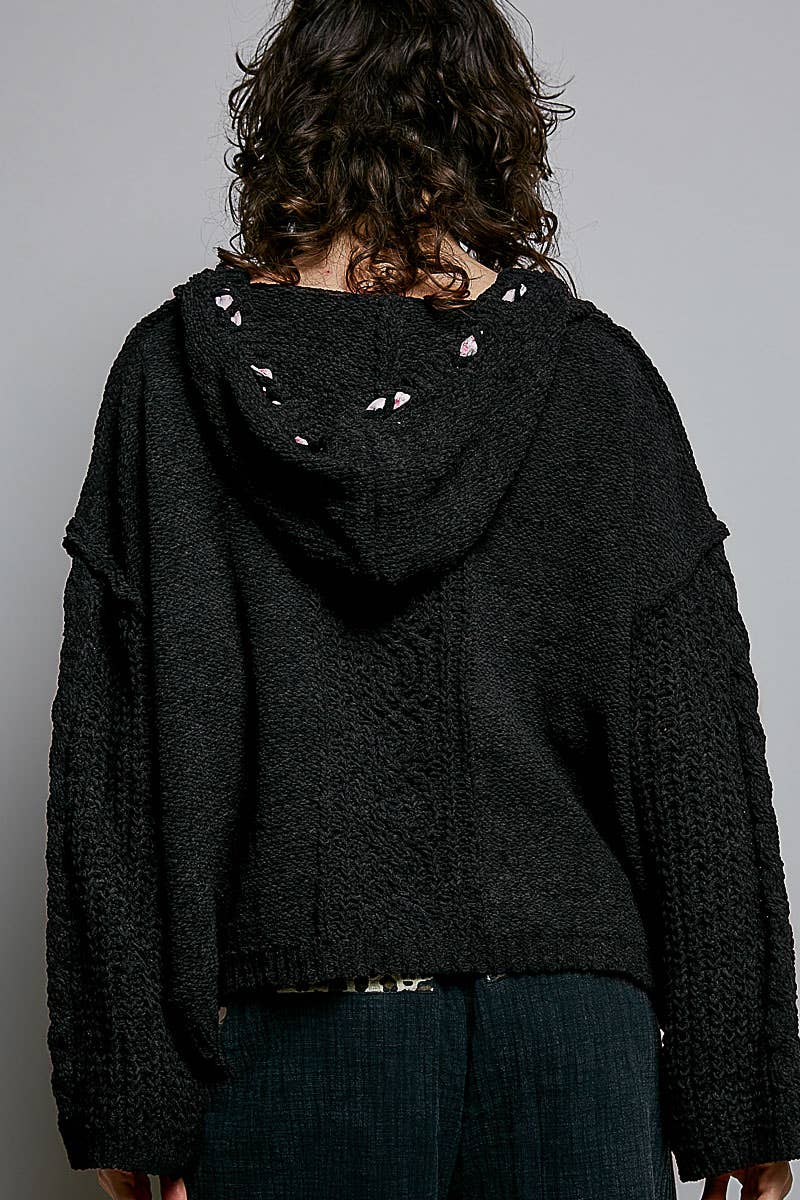 Oversized hooded cable knit chenille sweater