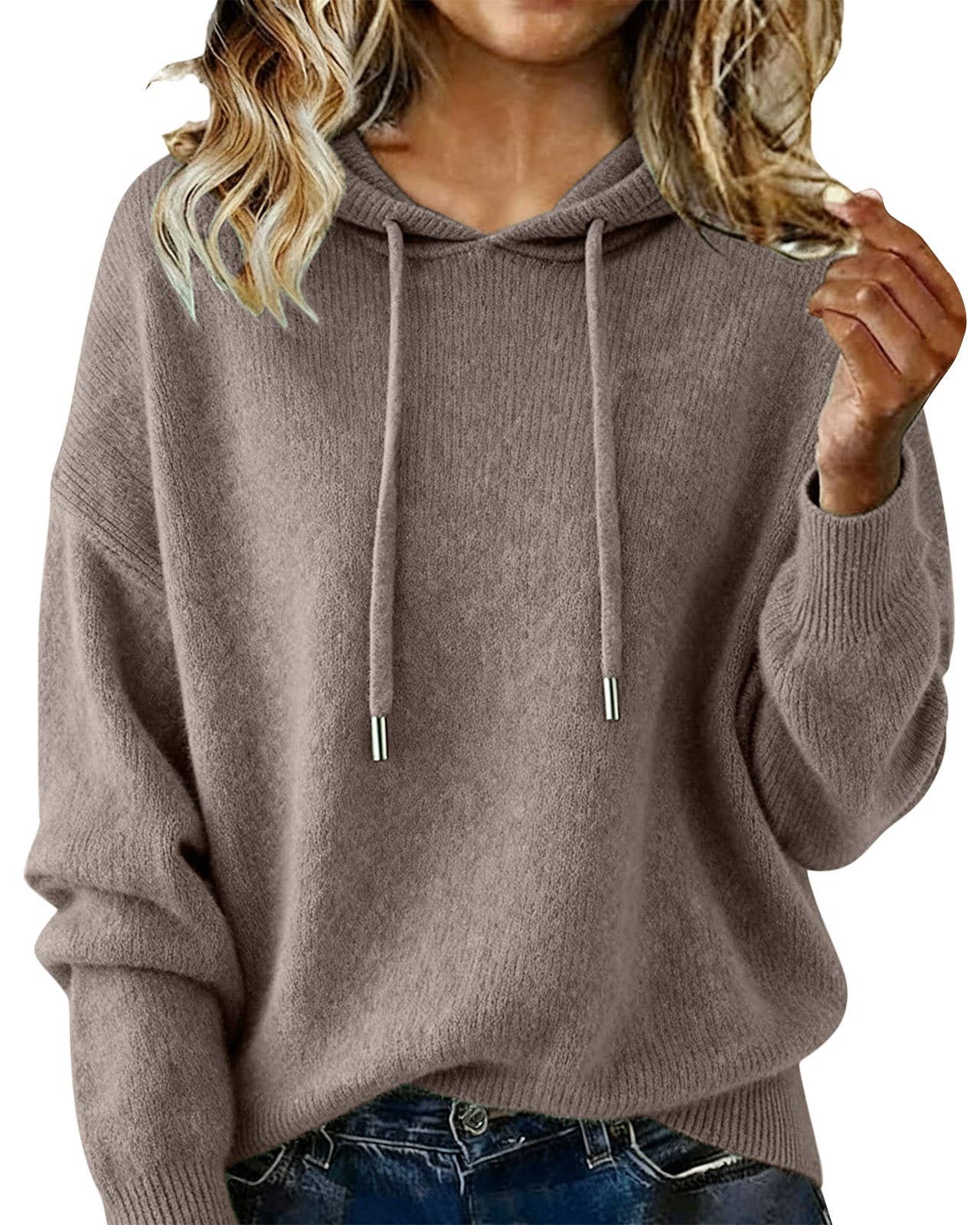 Cozy Solid Drawstring Hooded Knit Sweater