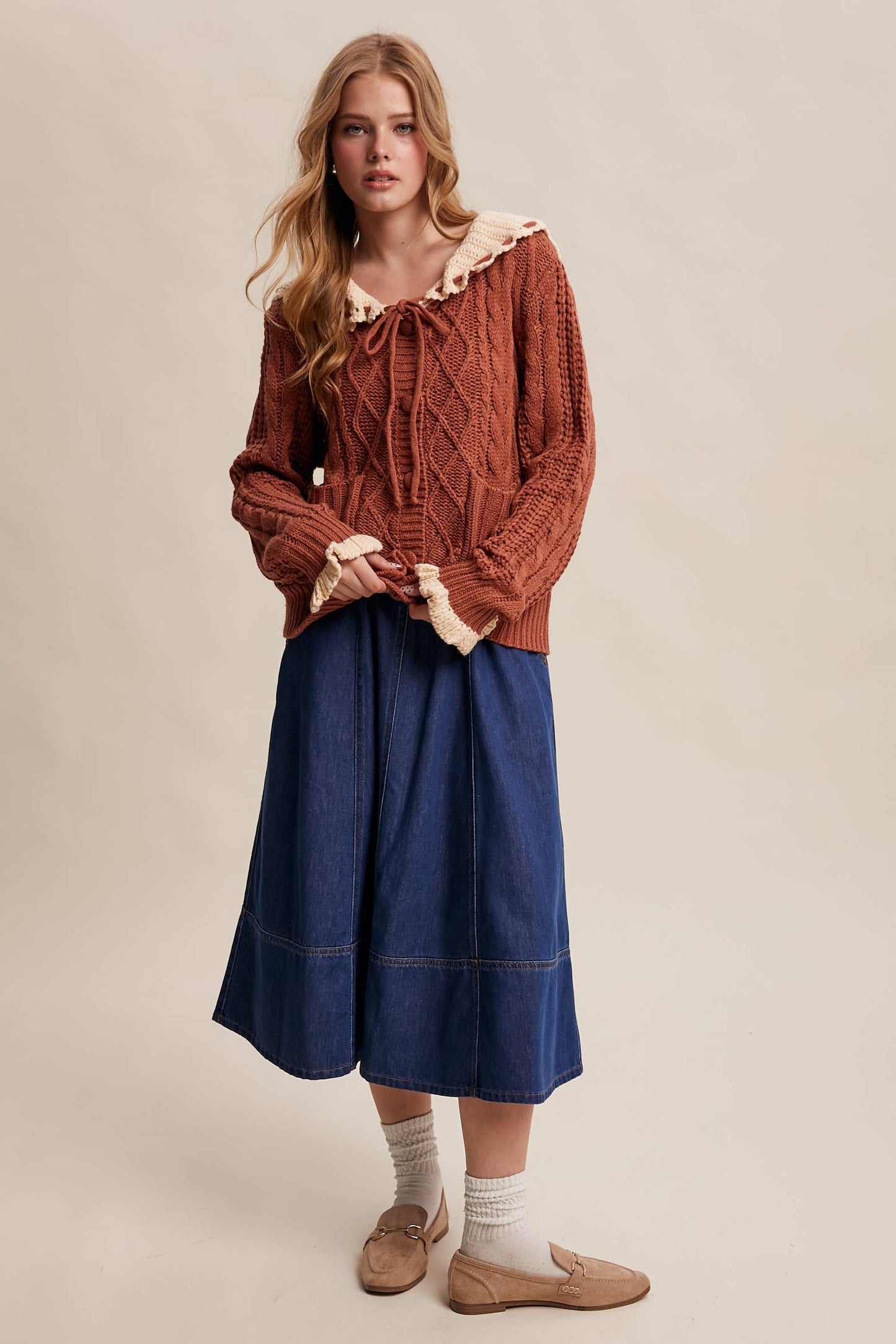 Two-Tone Crochet Collar Cable Knit Cardigan