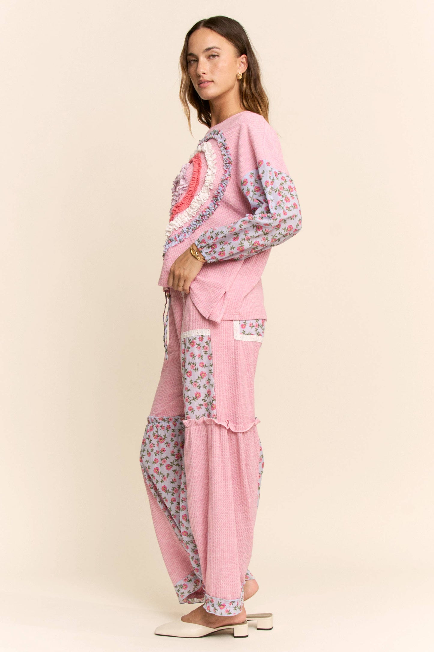 RUFFLE LAYERED HEART PATCH WORK TOP