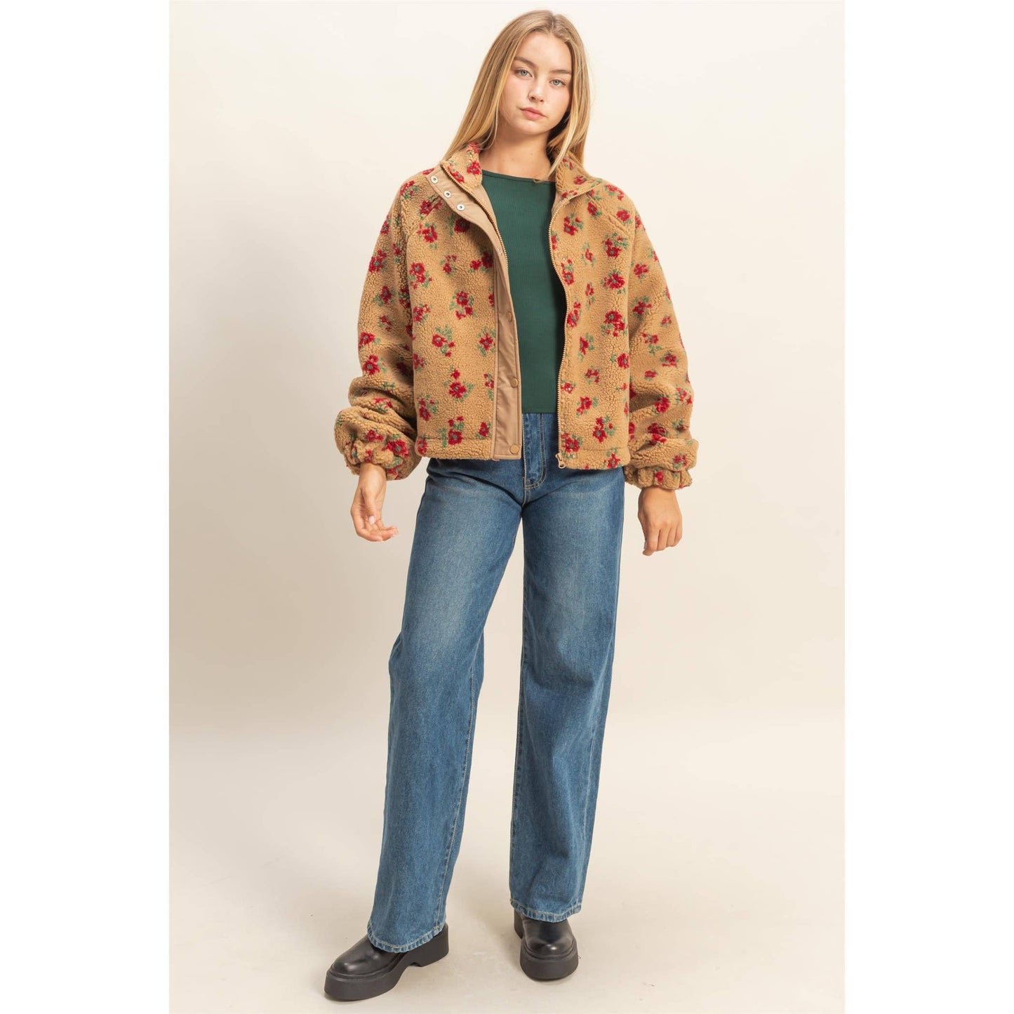 Floral Print Sherpa Zip Up Jacket