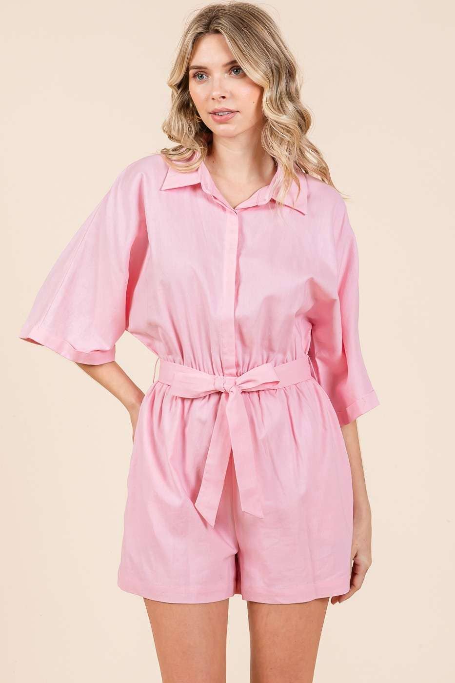 LINEN TIE BELT BUTTON DOWN COLLARED ROMPER