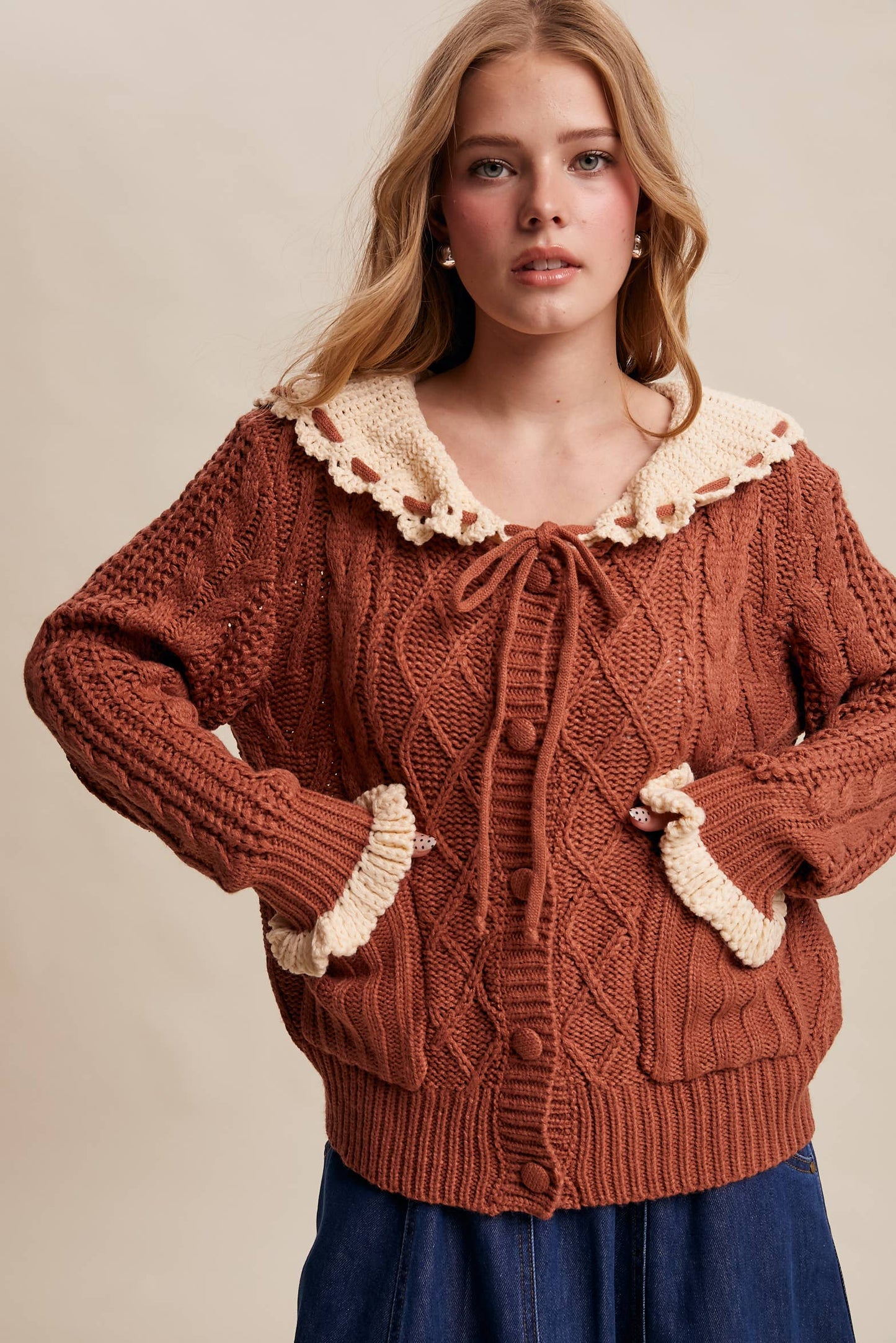 Two-Tone Crochet Collar Cable Knit Cardigan