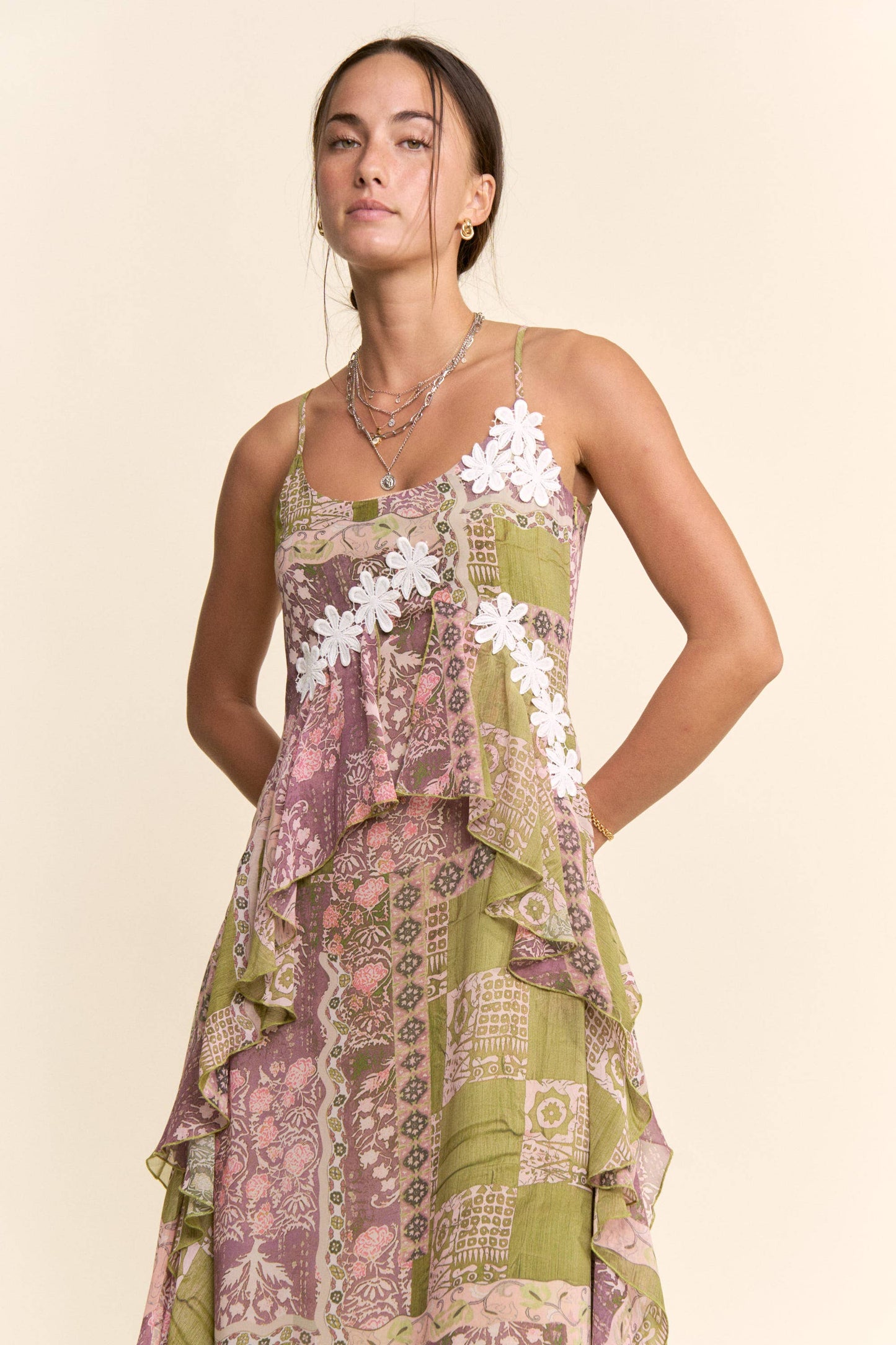 BOHO PRINTED CHIFFON RUFFLE AND LACE DETAIL DRESS