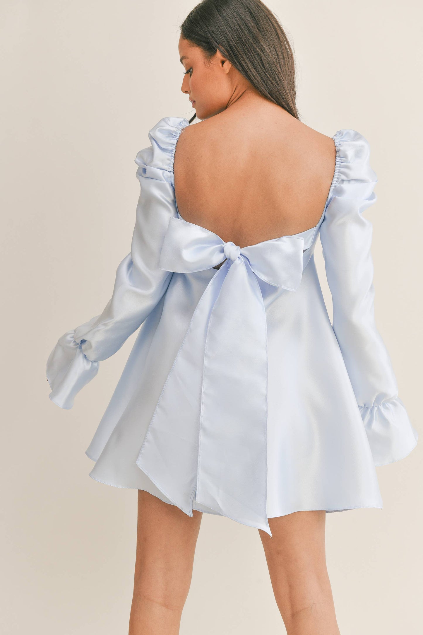 BABYDOLL DRESS WITH LONG BELL PUFF SLEEVES AND BOW