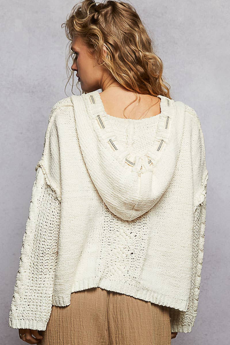 Oversized hooded cable knit chenille sweater